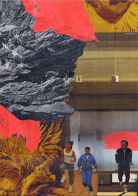 three people playing sports in a cave that seems to be wired and networked with switches. collage with printed matter