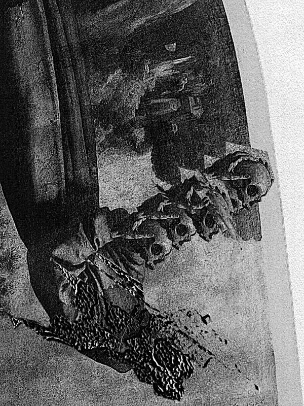 alien monk holding skulls. digital collage.