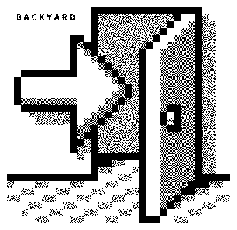 a giant pixel arrow is leaving the room through a opening and closing door. there’s a sign “backyard” next to the door