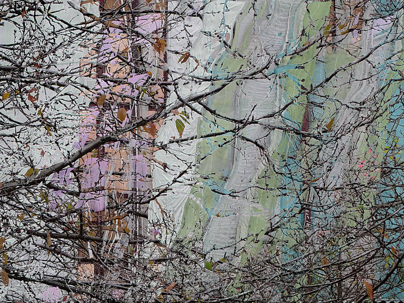 pastel building cloth wrapped around a house and stormy branches in front of it, digital collage