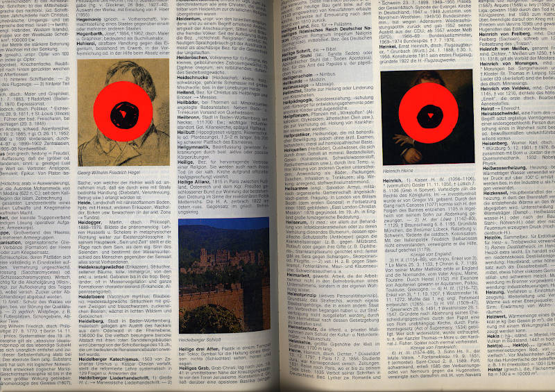 an open lexicon book with three images that give the pages a surprised face. Fluo orange round price stickers with drawn eyes. Left eye: Hegel, Right eye: Heine, Open Mouth: old Bridge in Heidelberg