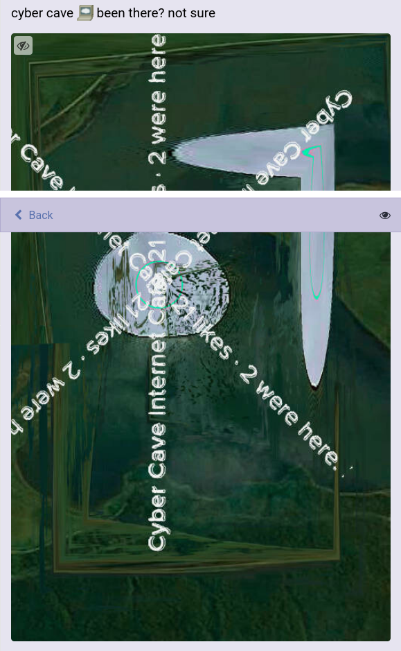 Distorted satellite photo of green land and water with a marked small round ice spot, located in Siberian permafrost remains. The text is taken from some search engine result: Cyber Cave Internet Café. 21 likes, 2 were here.