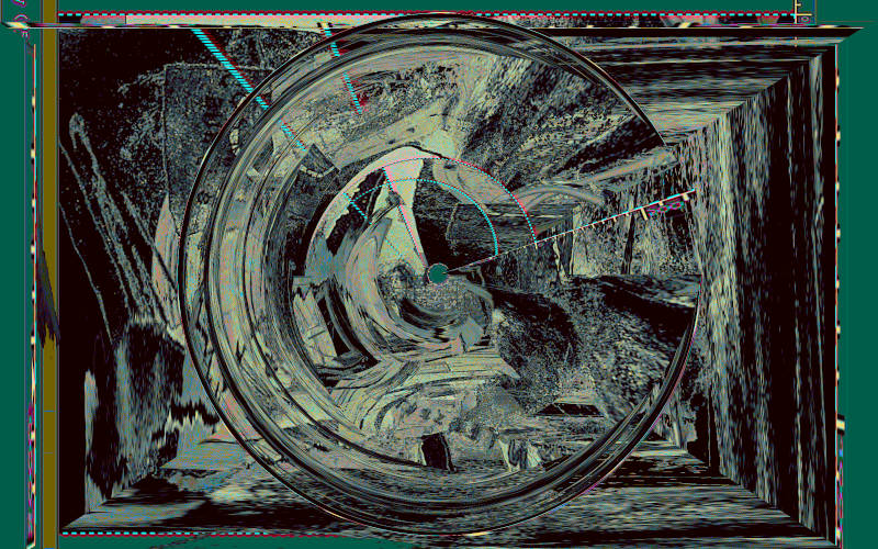 loose framed digital noise collage with rotating distortion filter and teal backgroundcolor.