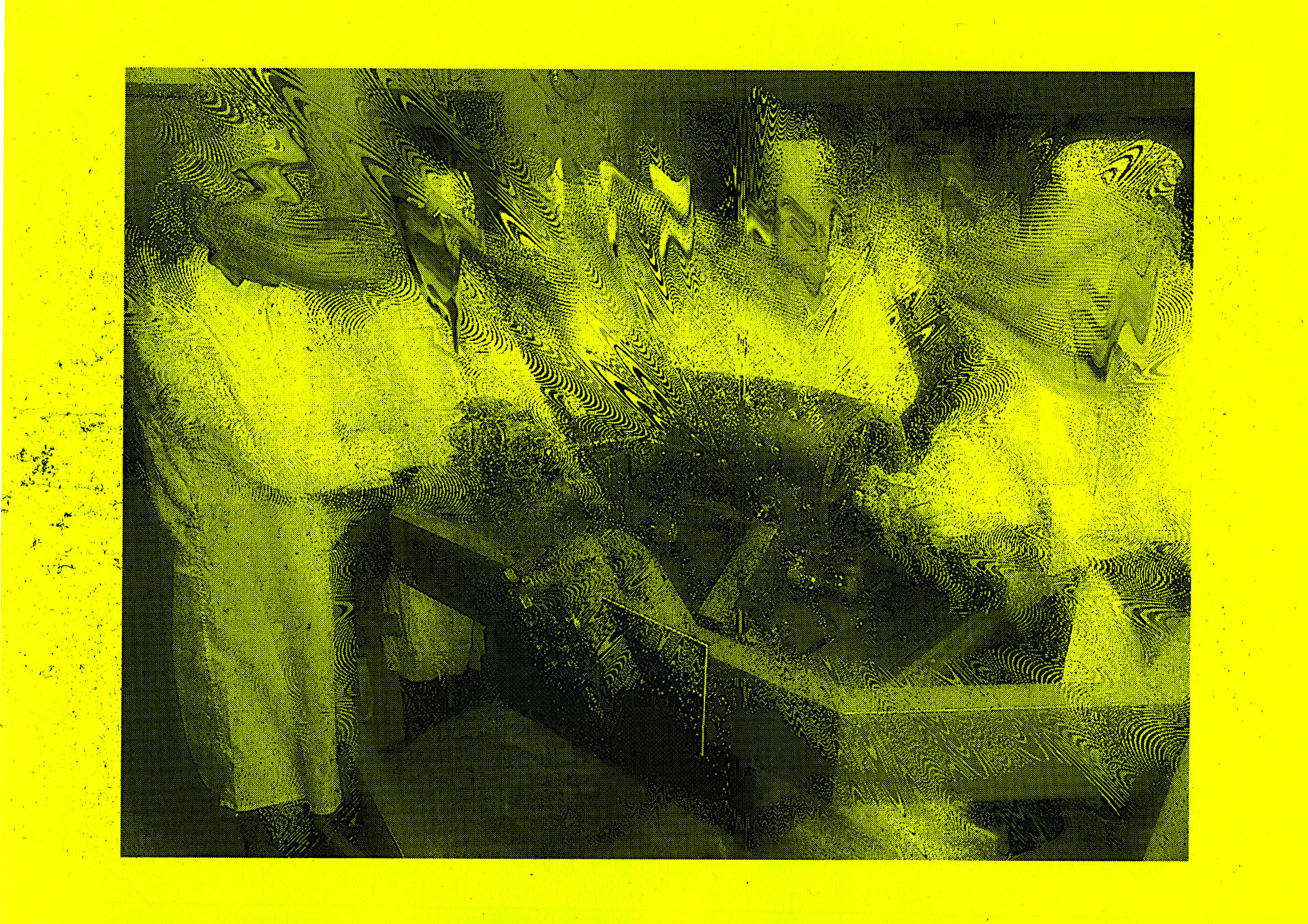 black laser print on yellow neon paper. A group of people with white coats standing around a machine, operating the machine. The image is distorted and the faces wobble in glitch