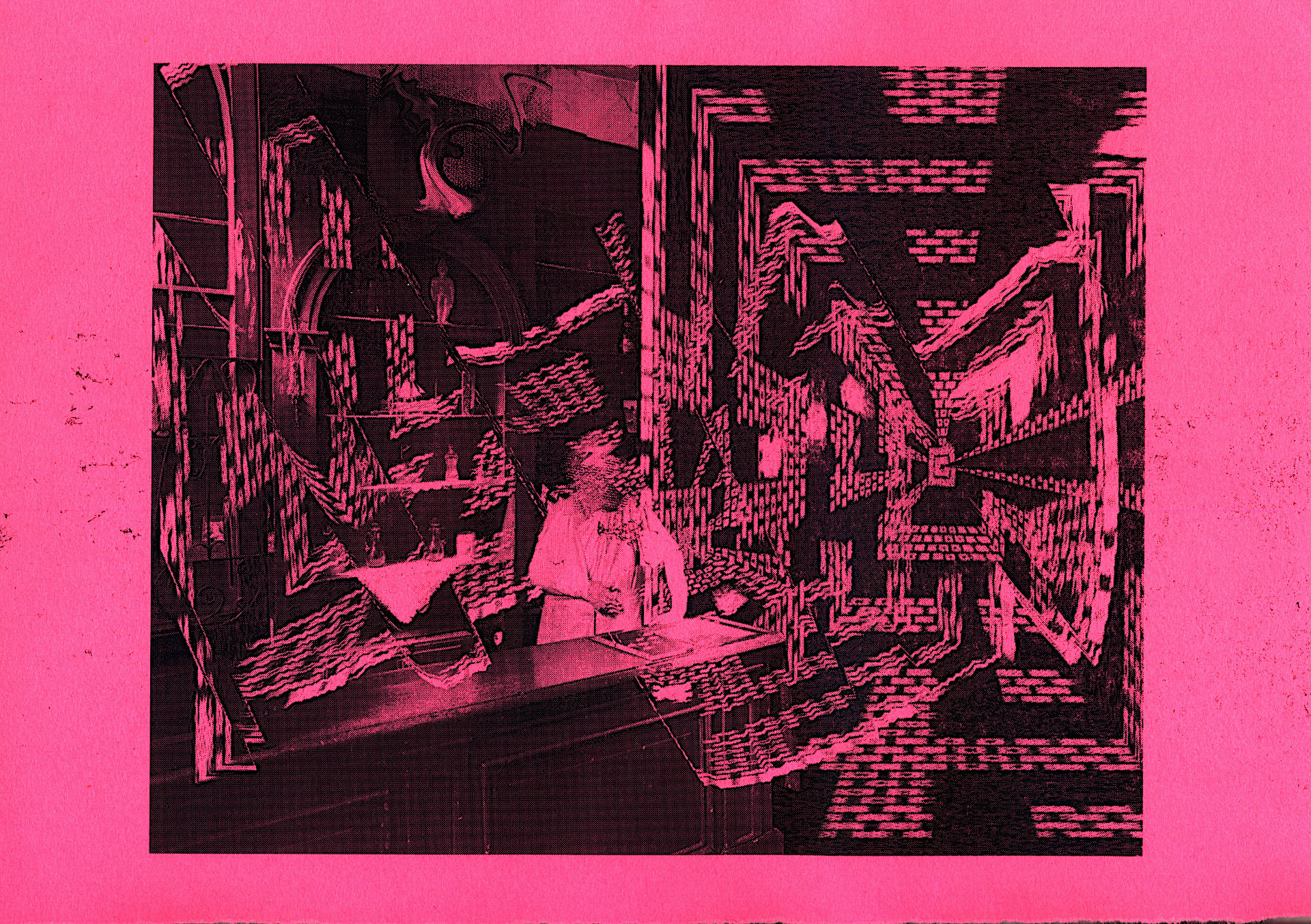 black laser print on pink neon paper. A waiter stands behind an old wooden counter in a coffeehouse. A labyrinth world from a cyber game is next to the person and also overlaying the image.