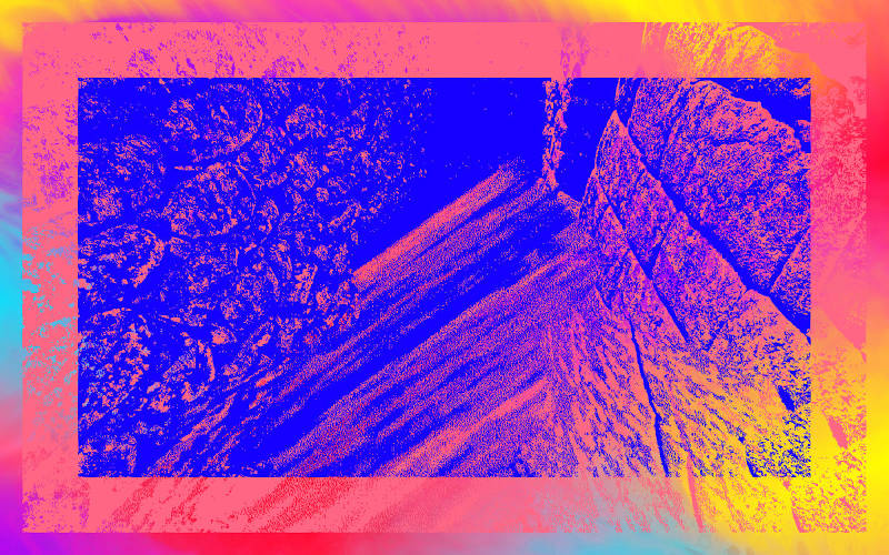 blue ancient streetview ruins, stone wall, colorful abstract glitch