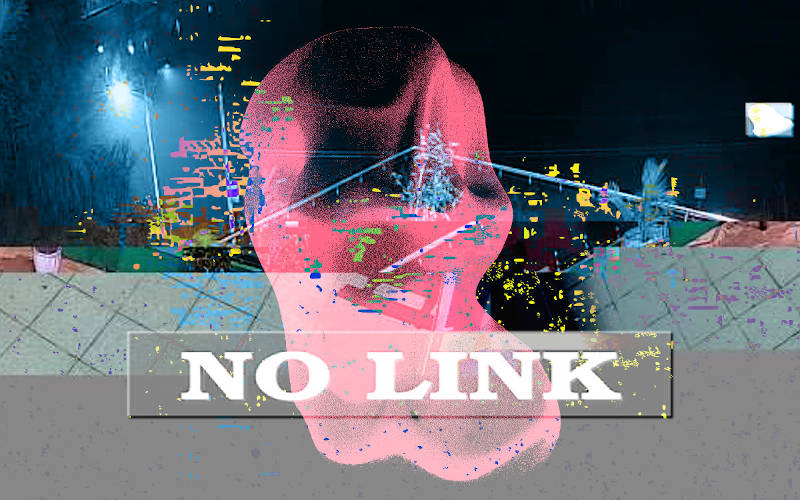 broken webcam ruin at night, video display message “no link”, pink cloth portrait glitched in between