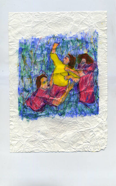 drawing of a dancing crowd on crumpled paper