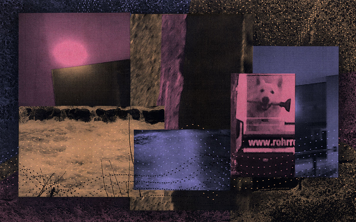 collage of three printed copies on purple/pink/peach paper of a digital collage of pictures from floods and a dog with plumberstool in mouth