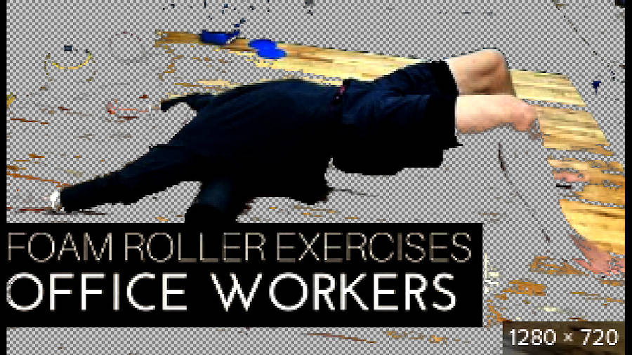 person without head doing a gymnastic exercise with a foam roll on the floor. legs, hands, head are erased, the image has been cropped, transparent check pattern from image editing software is visible in the background