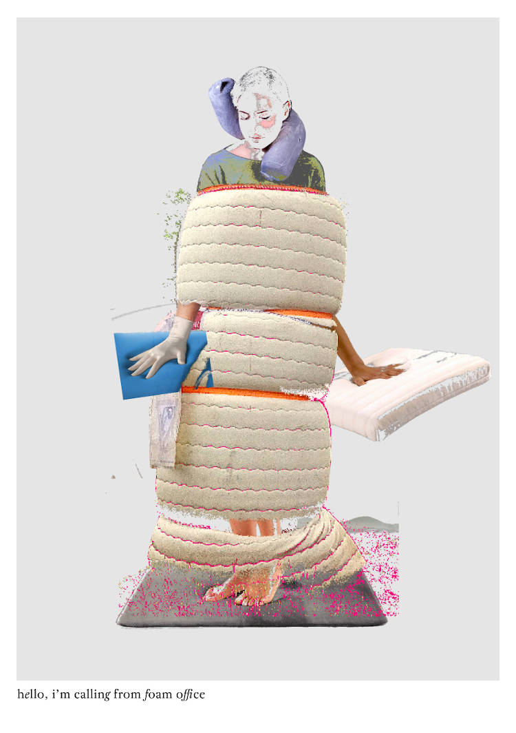 a strapped mattress as body, two hands touching memory foam material, a head turns around a foam neck roll, feet standing on memory foam form a strange new body avatar, digital collage