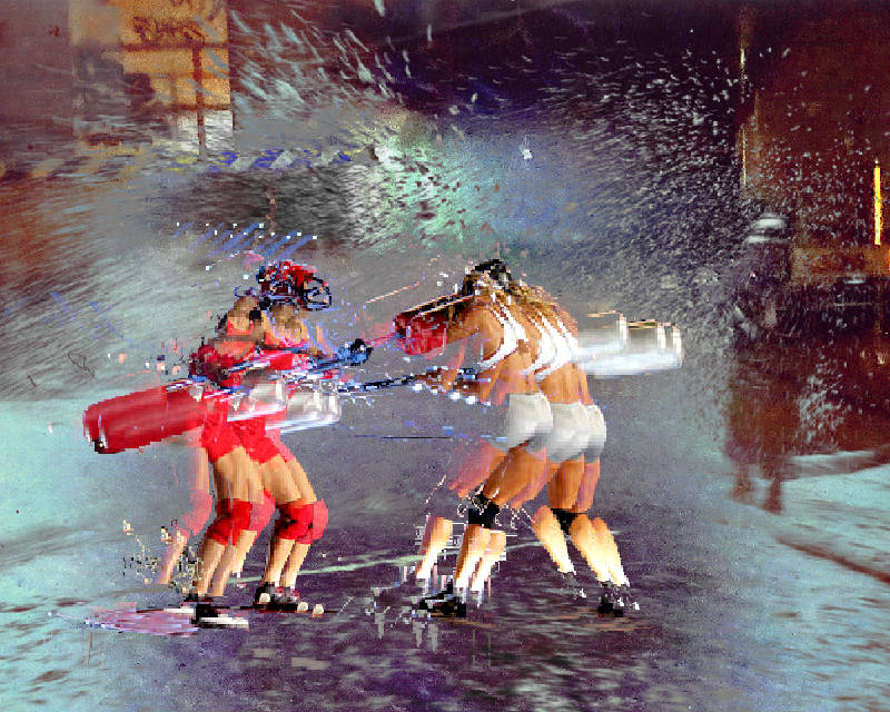 two actresses from the tv show American Gladiators fighting with giant foam q tipps in a backyard background, where some ancient fireman doin foam extinguishing work. Digital collage