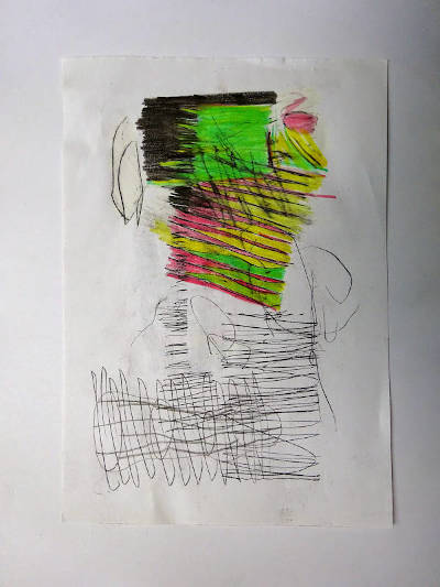 Scrawled line drawing and a bit of color (green, yellow, pink).
