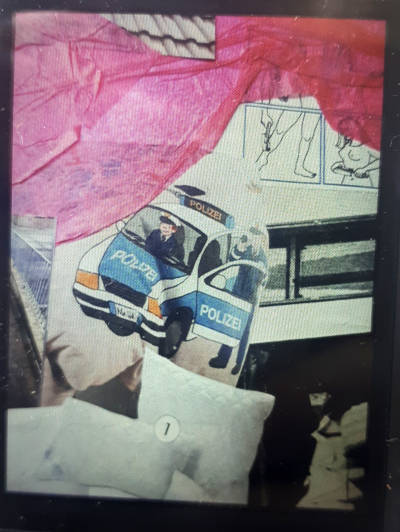 Collage detail picture. Bedroom interior, pilows, a pink curtain, a naked person washes themselves with a brush, police design bed covers.