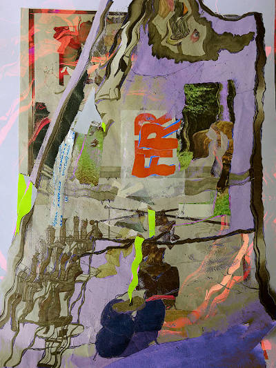 Collage with paper scraps pasted onto a printed image of Marcel Duchamp’s The Great Glass. The collage has been additionally distorted and recolored in retrospect.