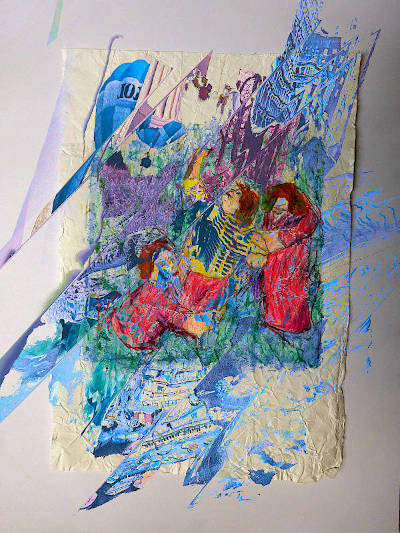 Drawing with color pencils of three persons, one of them is falling, the others hold them. Digitally torn collage noise on top.