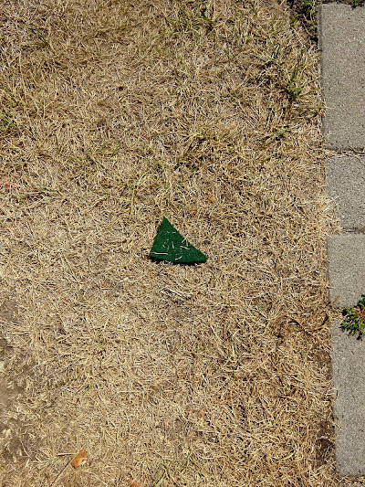 A triangular piece of artificial grass lies on withered real piece of grass.
