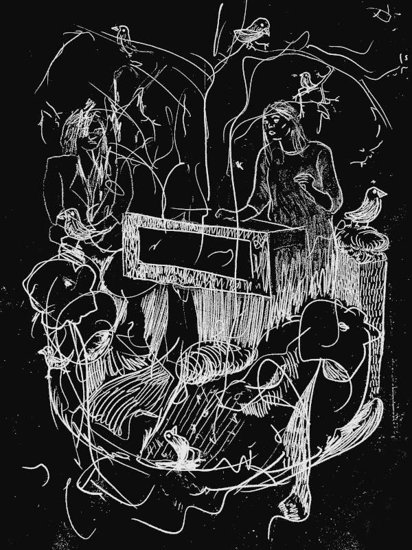 a person giving a speech in nature. inverted white and black drawing.