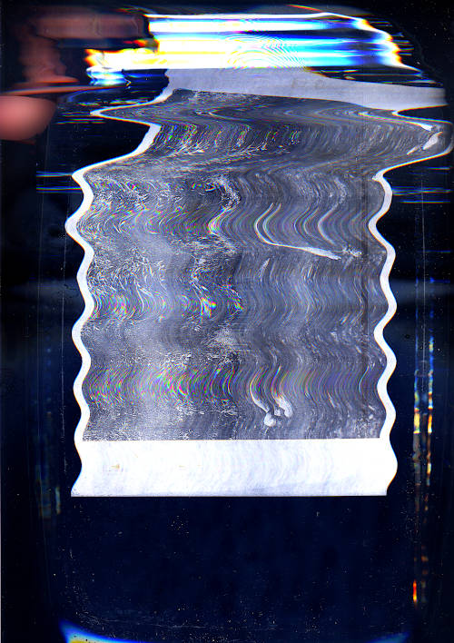 scan image. very distorted glitch image, a hand is visible touching the water