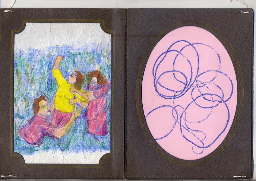 the open book shows on the left side a colorfully drawn dramatic dance or fight scene. on the recto a choreographic sketch of the scene on pink paper