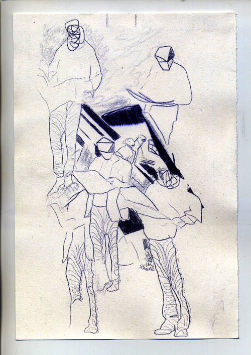 five persons reading the same empty newspaper while waiting for something. They’re duplicates and have strange heads. At least no grim face, no face at all. Two small animal like creatures hide between them. Carbon Trace Drawing on paper.