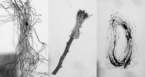 a heap of dried plant remains is bound together to a paint brush. drippy drawing with the new brush