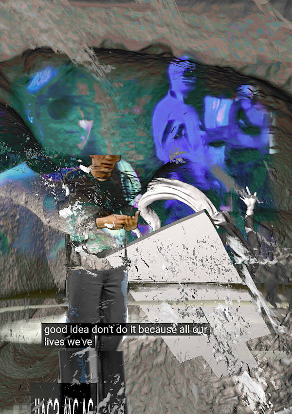 in a glitch cave there’s a person referring about not doing your good ideas. “good ideas don’t do it because all our lives we’ve[…]”. On the cave wall hologram projections of a bunch of 1980s cyberpunks appear. A 3D wikimedia model of a person fleeing a base platform, viewed from beneath. Digital Collage.