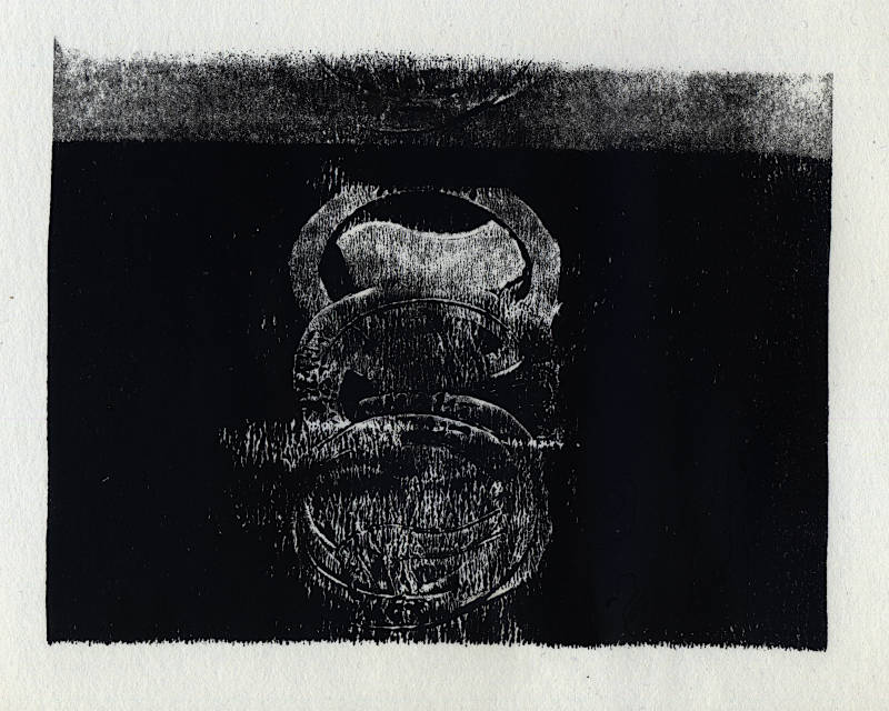 black maculature linocut print on white paper. Deep black color glitch copies of an antifa logo