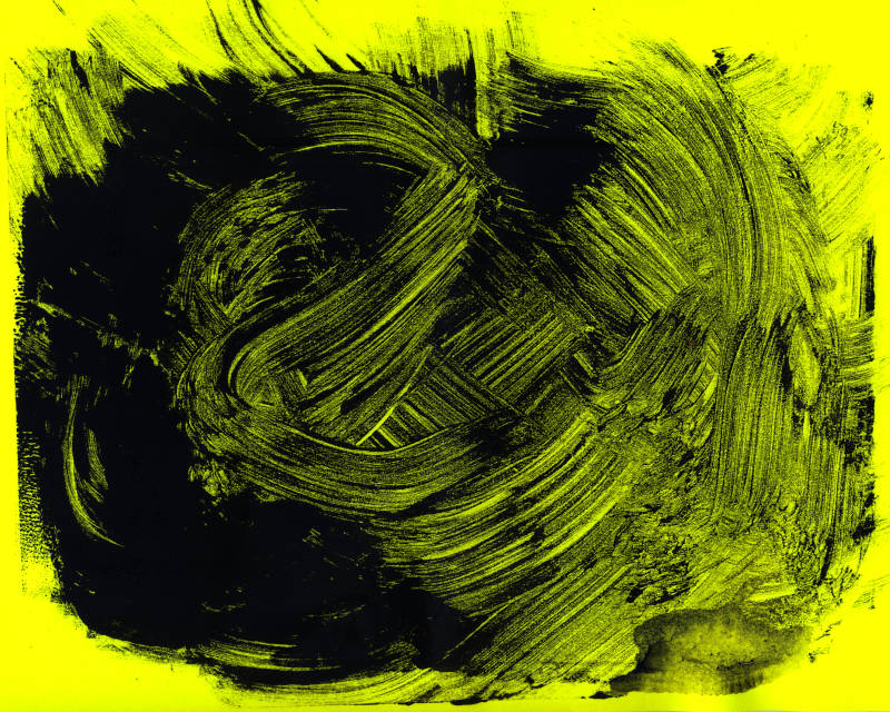 maculature print with black lino color on fluo yellow recycling paper