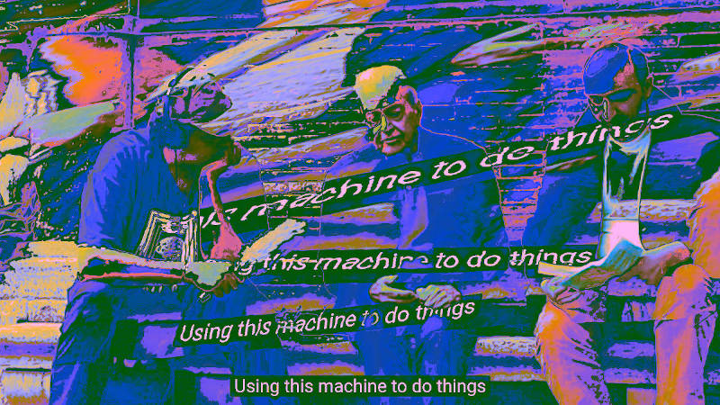 Poet Nanni Balestrini sitting on an Italian stone bench with two radio people, giving an interview. The subtitle is emphasized in this collage and reads “Using this machine to do things”