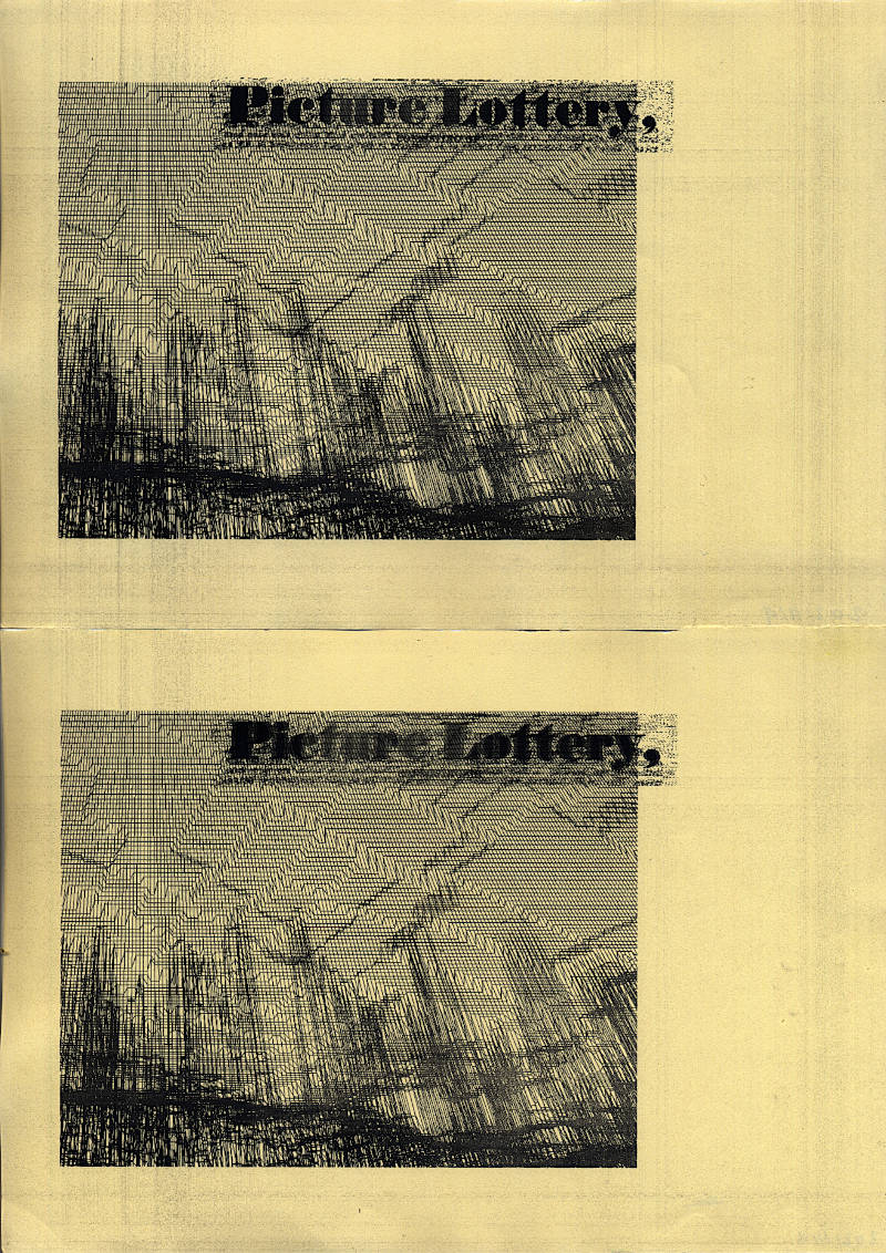 Scan image of two black laser prints on blotting paper. A computer generated three dimensional outline vertex city and an old newspaper headline in bold serif typeface “Picture Lottery”