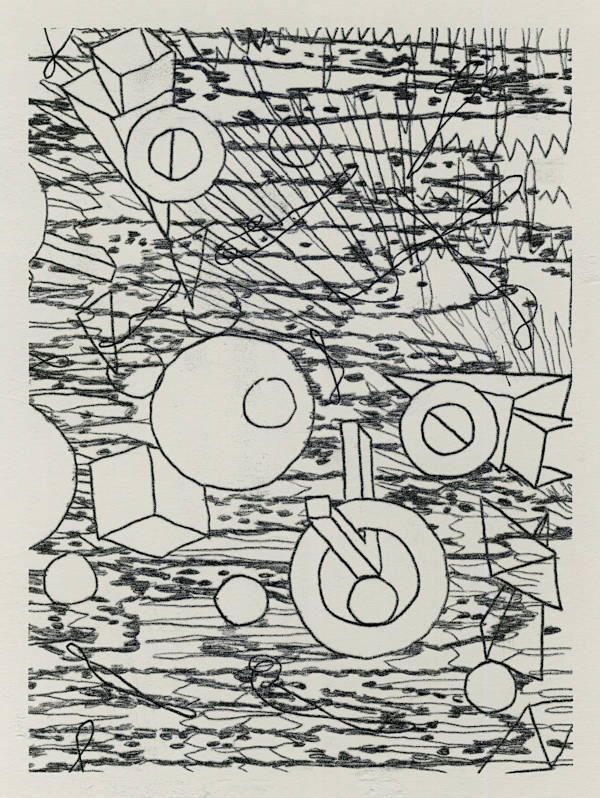 Geometric objects floating in noisy space .Carbon tracing drawing.